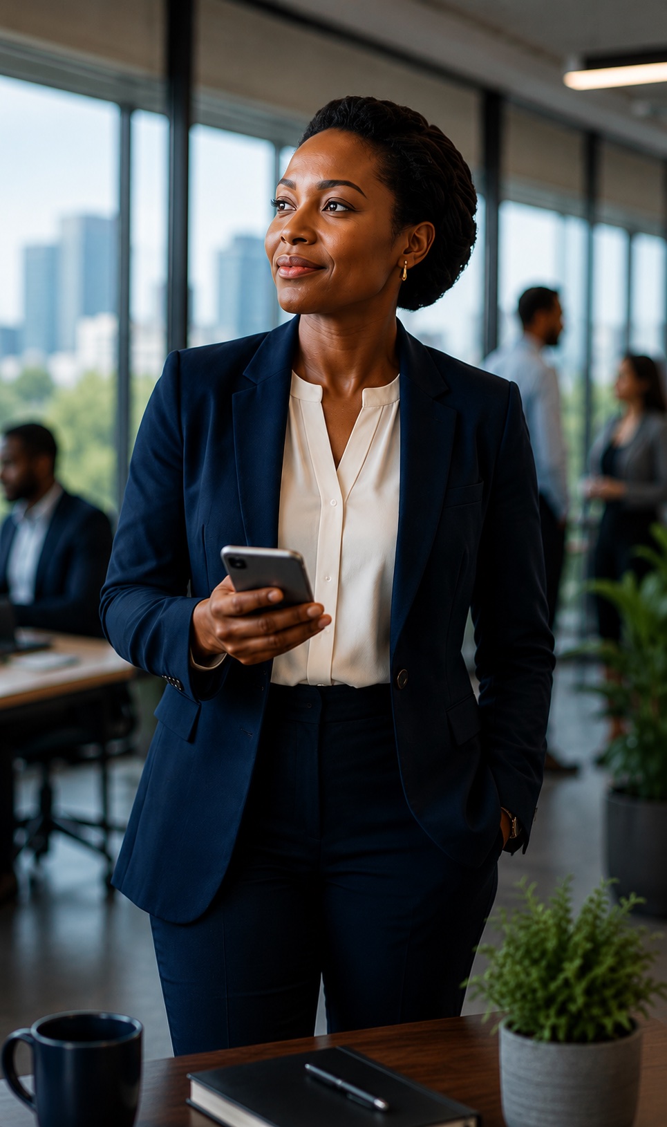 Operations manager holding a phone in an open-plan office, with her team working behind her