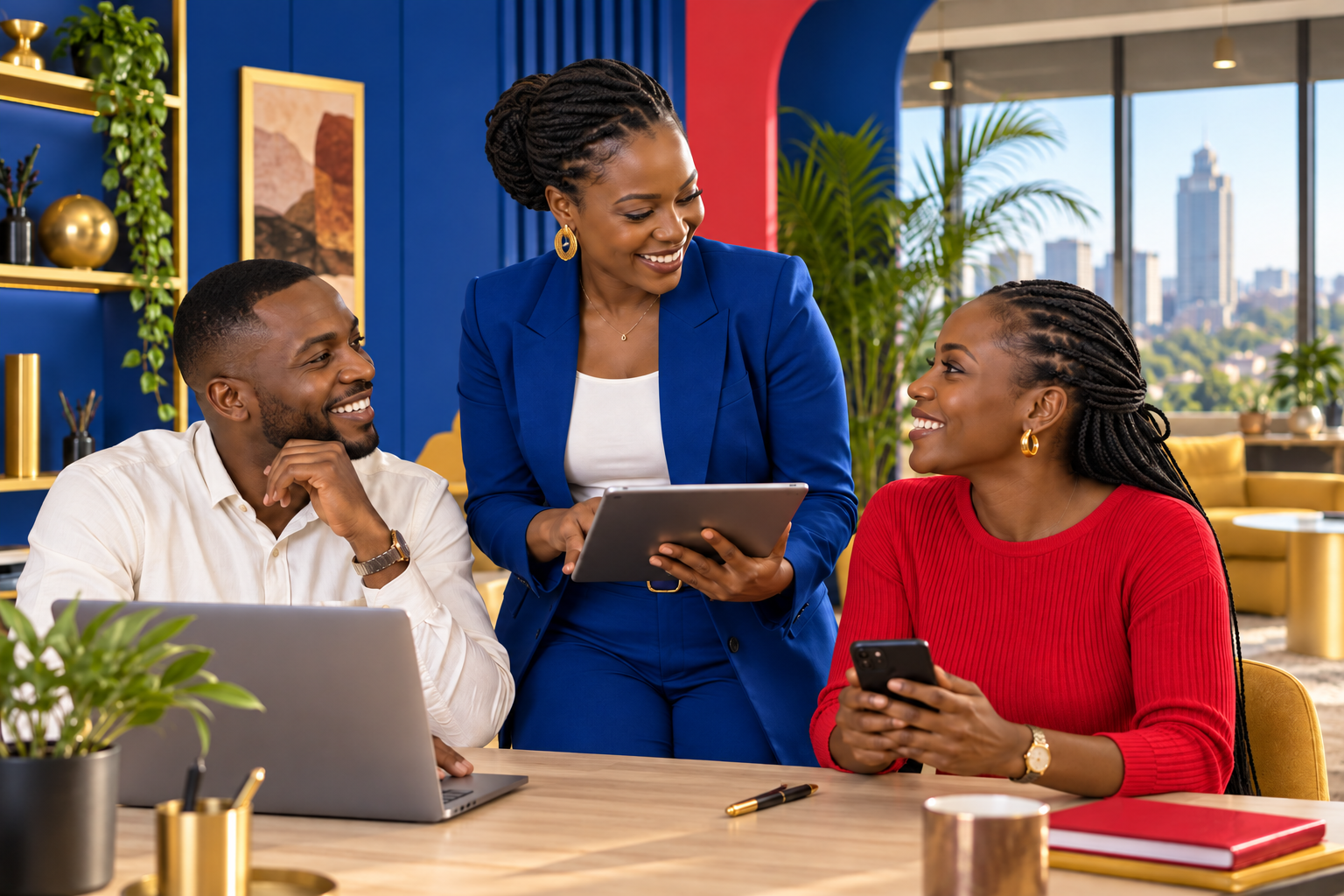 Campaign image of three colleagues collaborating with a laptop, tablet and phone